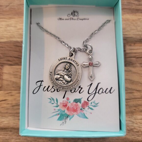 Saint Agatha Patron Saint of Breast Cancer Survivors Necklace Boxed Set - Picture 10 of 12